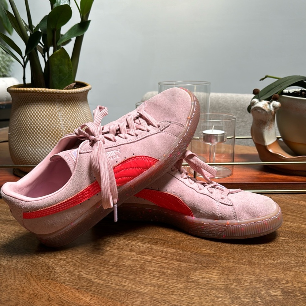 Pink suede Sophia Webster Puma sneakers. Cherry Rose, Pink Coral colorway.